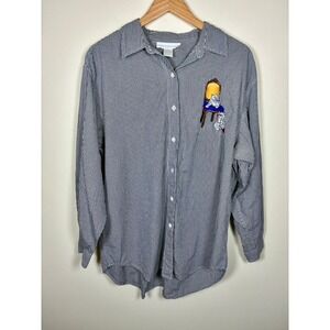 Vintage Button Down Shirt Womens L Cat Lady Embroidery Gingham Maximalist